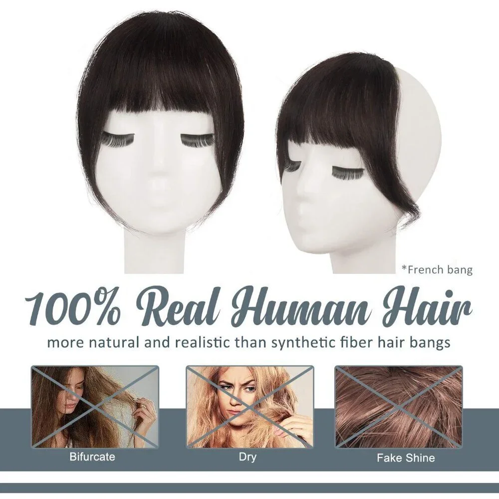 Human Hair Clip In Bangs Dark Brown French Fringe for Women Easy Style